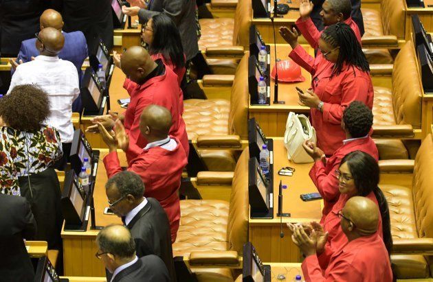 CAPE TOWN, SOUTH AFRICA FEBRUARY 16: (SOUTH AFRICA OUT): A standing ovation from the EFF after the State of the Nation Address (SONA) 2018 in Parliament on February 16, 2018 in Cape Town, South Africa.