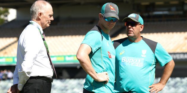 Australian selector Greg Chappell, Australian coach Darren Lehman and captain Steve Smith on day one of the third Test match of the 2017/18 Ashes series between Australia and England on December 14, 2017, in Perth, Australia.