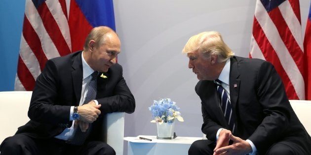 Russia's President Vladimir Putin (L) and US President Donald Trump (R) hold a bilateral meeting on the sidelines of the G20 summit in Hamburg, Germany, on July 7, 2017.