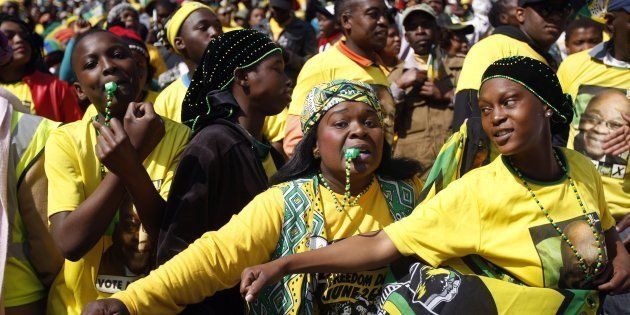 JOHANNESBURG, SOUTH AFRICA - JULY 31: Supporters during the African National Congress (ANC) Siyanqoba rally at Ellis Park Stadium on July 31, 2016 in Johannesburg, South Africa. This event is part of the ANC countrywide tour to rally support ahead of the local elections on August 3, 2016.