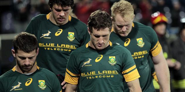 Losers: Springbok rugby players after their humiliating loss against Italy. Even though the players are hurting, the rugby gravy train is chugging along merrily.