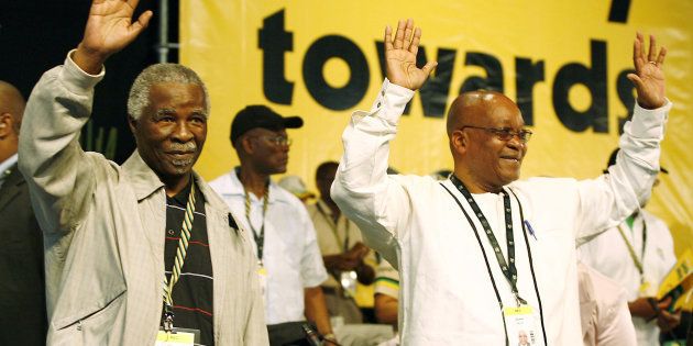 Jacob Zuma (right) and Thabo Mbeki at the ANC's National Conference at Polokwane in 2007, where Zuma defeated Mbeki for the party leadership. Mbeki was eventually removed as head of state .