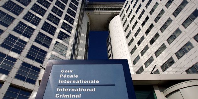 The entrance of the International Criminal Court (ICC), seen in The Hague, Netherlands.