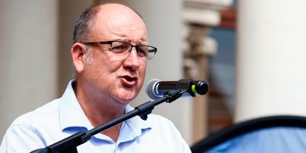 NMB mayor Athol Trollip addresses his supporters in front of the Port Elizabeth city hall on March 28, 2018.