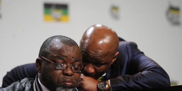 Gwede Mantashe, the ANC's secretary-general, and the party's spokesperson, Zizi Kodwa, at an earlier ANC briefing. The party's NEC will on Monday decide whether or not to hold a vote on President Jacob Zuma's fitness to hold office.