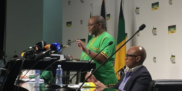Gwede Mantashe, the ANC's Secretary General, and Zizi Kodwa, the party's national spokesperson, at Wednesday's post-NEC media briefing at Luthuli House, Johannesburg.