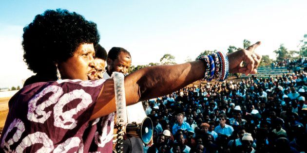 A picture taken on April 13, 1986 shows Winnie Madikizela-Mandela, then-wife of an imprisoned Nelson Mandela, addressing a meeting in Kagiso township.