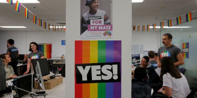 Volunteers talk in call centre for the Yes campaign in Australia's gay marriage vote, as Australia's high court continues a hearing on the validity of a government plan for a postal vote to legalise same-sex marriage, in Sydney, Australia, September 6, 2017. REUTERS/Jason Reed