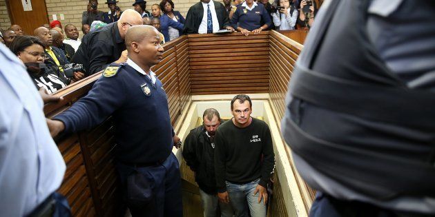 Theo Jackson and Willem Oosthuizen during an earlier appearance at the Middelburg Magistrates Court for allegedly assaulting and forcing a farm worker, Rethabile Victor Mlotshwa into a coffin on 16 November 2016 in Mpumalanga, South Africa.