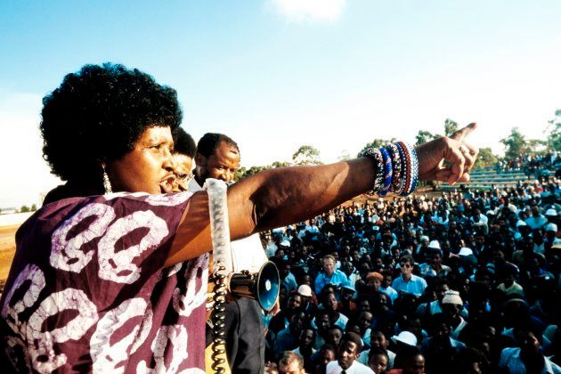 A picture taken on April 13, 1986, shows Winnie Madikizela-Mandela addressing a meeting in Kagiso township.