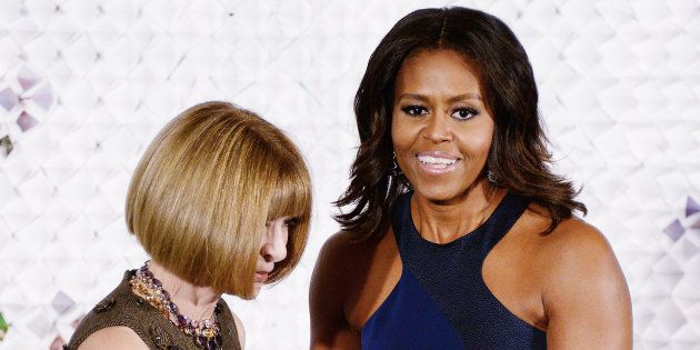 First Lady Michelle Obama and Fashion icon Anna Wintour hold a Fashion Education Workshop in the East Room of the White House October 8, 2014 in Washington, DC.