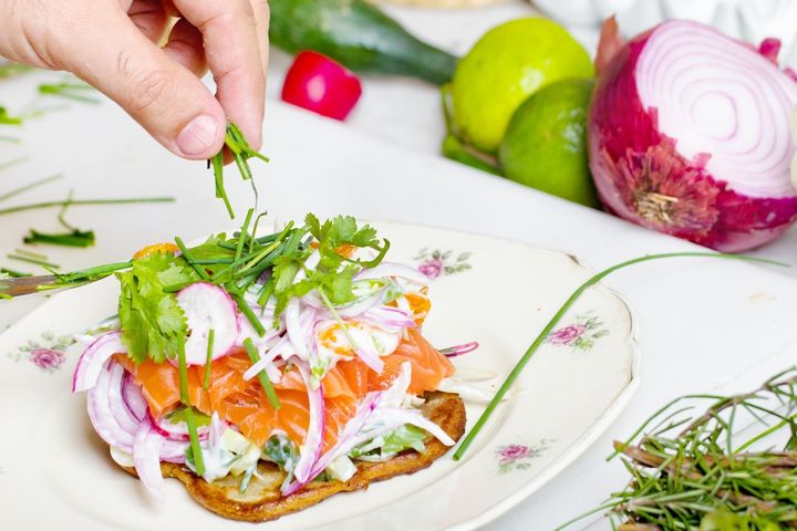 Whole grain toast with salmon and cottage cheese is a great post-workout or post-event food.