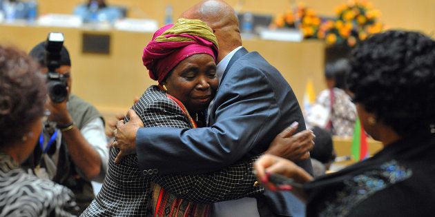 Nkosazana Dlamini-Zuma is congratulated by her former husband, President Jacob Zuma, in Addis Ababa after being sworn in as head of the AU Commission in 2012.