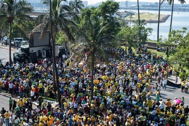 Supporters of the former South African president rally outside the KwaZulu-Natal High Court in Durban