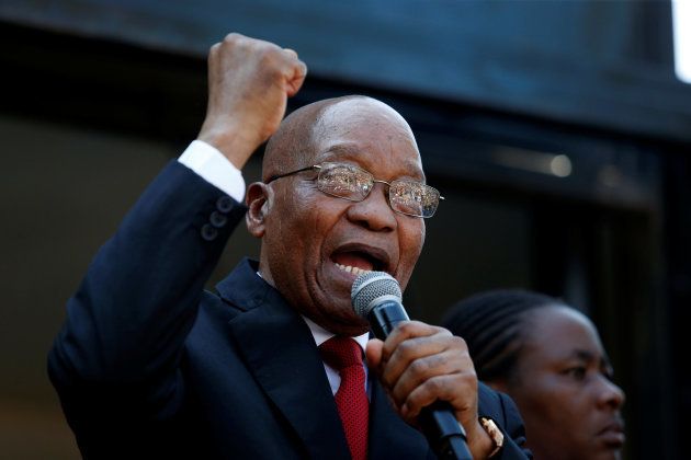 Jacob Zuma addresses his supporters outside the high court in Durban. April 6, 2018.