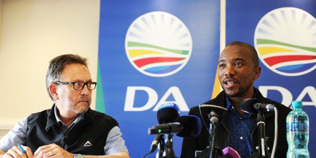 James Selfe, chairperson of the DA's federal executive, and Mmusi Maimane, DA leader, at a press conference in March.