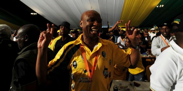 Zizi Kodwa showing his support for Jacob Zuma's re-election at the University of the Freestate in 2012. Photo by Felix Dlangamandla/ Foto24 / Gallo Images / Getty Images