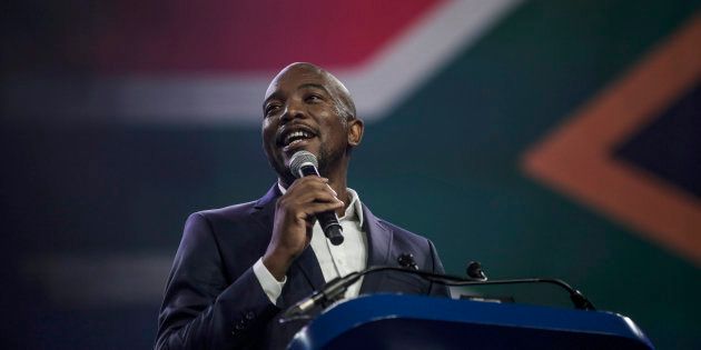 South African opposition party, the Democratic Alliance (DA) leader Mmusi Maimane, addresses the audience during the party congress in Pretoria on April 7, 2018. / AFP PHOTO / GULSHAN KHAN (Photo credit should read GULSHAN KHAN/AFP/Getty Images)