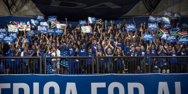 Supporters of South Africa's main opposition Democratic Alliance (DA) party attend a party conference on April 7, 2018 in Pretoria. Main opposition Democratic Alliance holds conference amid spat with a former coalition partner and surge in support for ruling African National Congress (ANC). / AFP PHOTO / GULSHAN KHAN (Photo credit should read GULSHAN KHAN/AFP/Getty Images)