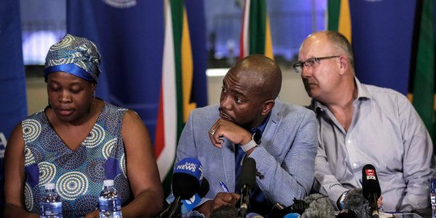 (L-R) DA deputy chair Refiloe Nt'sekhe, party president Mmusi Maimane and federal chair Atholl Trollip at a press conference at the party's federal congress in Pretoria on April 8 2018.