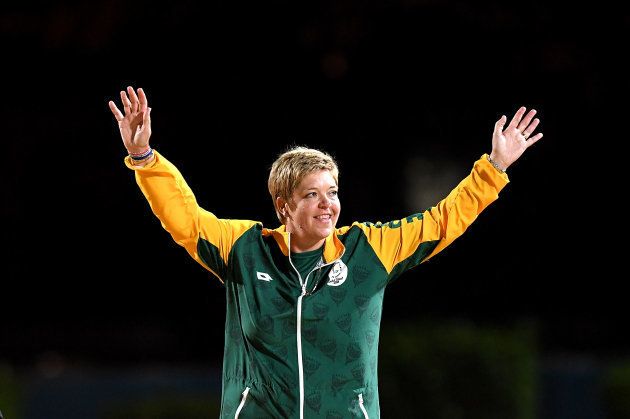 GOLD COAST, AUSTRALIA - APRIL 08: Colleen Piketh of South Africa celebrates winning a bronze medal in the Women's Lawn Bowls Single's Final on day four