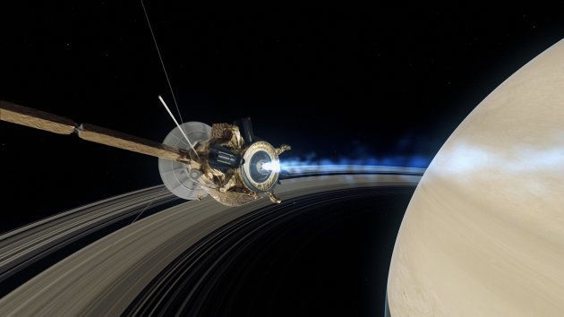 CGI perception of Cassini going inside Saturn as its mission comes to an end.