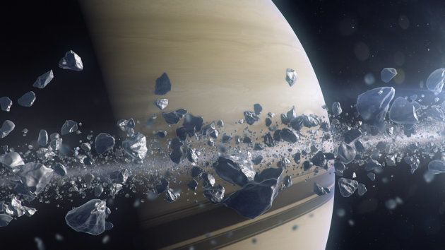The icy rocky particles that make up Saturn's rings.