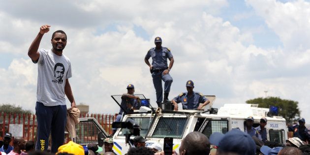 Student activist and former Wits University SRC president Mcebo Dlamini addresses students after his release outside the Palm Ridge Court on November 09, 2016 in Johannesburg, South Africa.