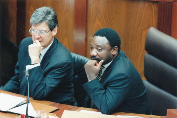 Leon Wessels (left) and Cyril Ramaphosa on 8 May 1996, the day MP's adopted the draft text of the Constitution.