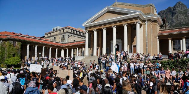 Students from the University of Cape Town, UCT, march on their campus demonstrating for free education in Cape Town on Monday, 3 October 2016.