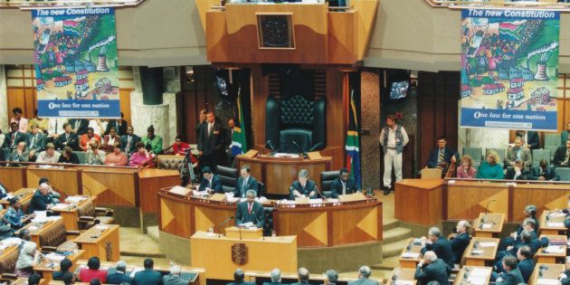 President Nelson Mandela addresses the Constituent Assembly on 8 May 1996, when the draft constitutional text was adopted.