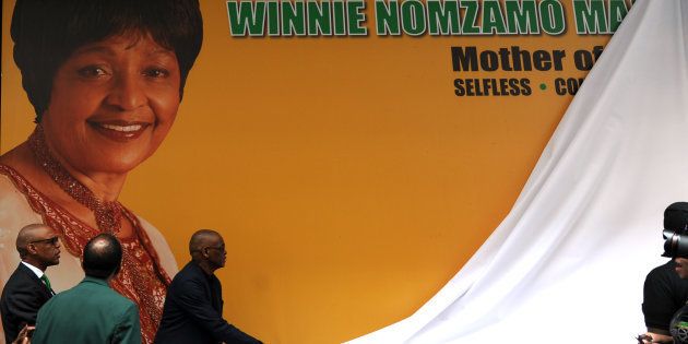 A tribute wall in honour of Winnie Madikizela-Mandela is unveiled outside ANC headquarters at Luthuli House in Johannesburg, South Africa, on April 9 2018.