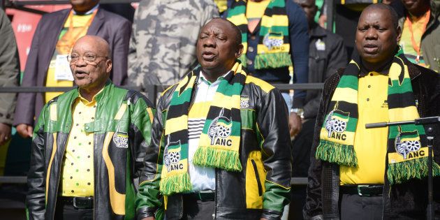 ANC President Jacob Zuma, Cyril Ramaphosa and Zweli Mkhize during the African National Congress (ANC) Siyanqoba rally at Ellis Park Stadium on July 31, 2016 in Johannesburg, South Africa.