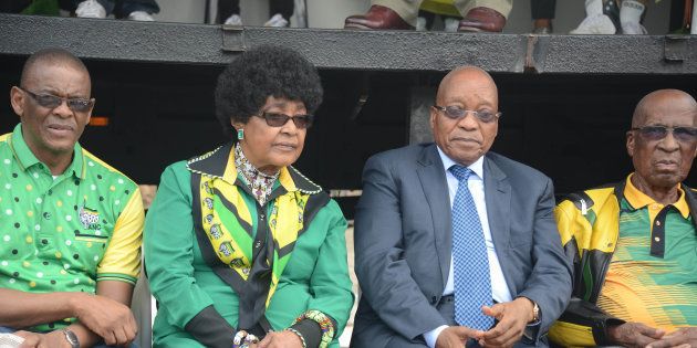 Ace Magashule, Winnie Madikizela-Mandela, Jacob Zuma and former Rivonia trialist Andrew Mlangeni during 105th anniversary celebrations of the founding of the African National Congress (ANC) in 2016.Photo by Frennie Shivambu/Gallo Images/Getty Images
