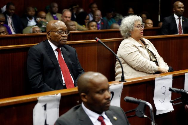 Former South African president Jacob Zuma (L) and accused number two the company Thales represented by Christine Guerrier (R) appear at the KwaZulu-Natal High Court in Durban, South Africa April 6, 2018. Nic Bothma/Pool via Reuters