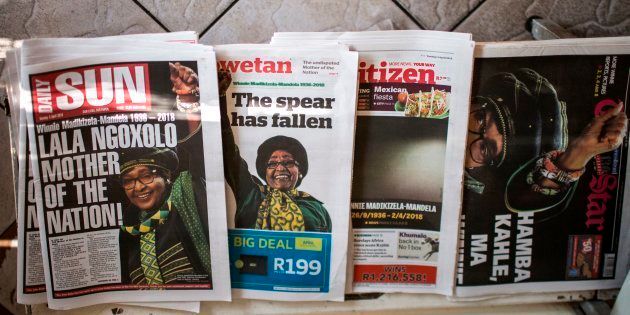 First pages of newspapers are pictured the day after the death of South African anti-apartheid campaigner Winnie Madikizela-Mandela, in Johannesburg on April 3, 2018. / AFP PHOTO / GULSHAN KHAN (Photo credit should read GULSHAN KHAN/AFP/Getty Images)