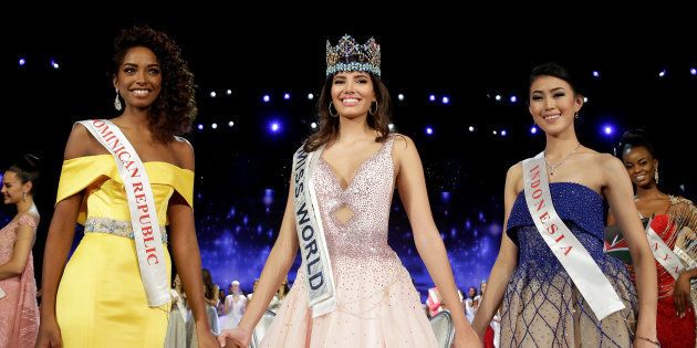 Winner of Miss World Miss Puerto Rico Stephanie Del Valle (C) stands with first runner up Miss Dominican Republic Yaritza Miguelina Reyes Ramirez (L) and second runner up Miss Indonesia Natasha Mannuela during the Miss World 2016 Competition in Oxen Hill, Maryland, U.S., December 18, 2016.