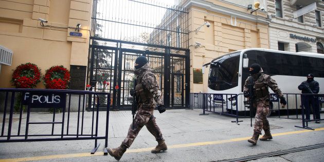 Members of police special forces patrol outisde the Russian Consulate in Istanbul, Turkey, 20 December 2016.