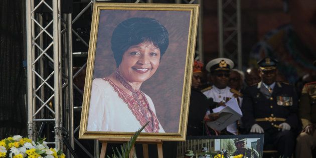 A portrait of anti-apartheid icon Winnie Madikizela-Mandela is displayed on stage during her funeral at the Orlando Stadium in the township of Soweto, concluding 10 days of national mourning on April 14, 2018, in Johannesburg.