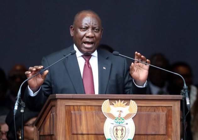 President Cyril Ramaphosa delivers the eulogy at the funeral of Winnie Madikizela-Mandela at the Orlando stadium in Soweto, South Africa April 14, 2018. REUTERS/Mike Hutchings