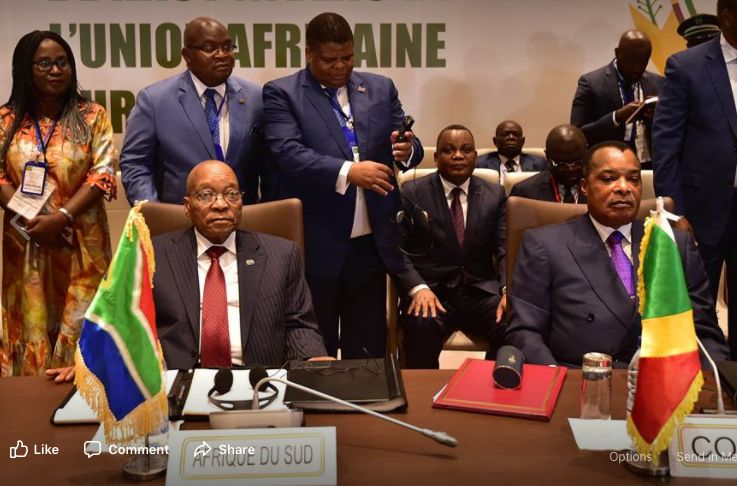 Mahlobo and Zuma at a meeting of the African Union High Level Committee on Libya in Brazzaville, Republic of Congo on 9 September 2017.