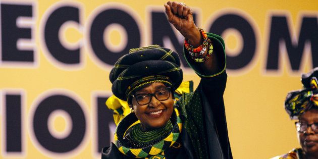 Winnie Madikizela-Mandela greets the audience during the 54th national conference of the African National Congress party (ANC) in Johannesburg, South Africa, on Saturday, Dec. 16, 2017.