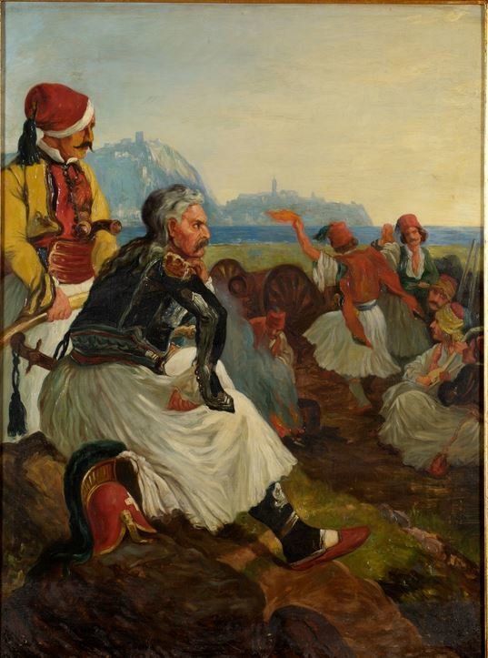 Άγνωστος (τέλος 19ου - αρχές 20ού αιώνα). Ο Κολοκοτρώνης συγκεντρώνει στο στρατόπεδο της Λέρνας τους νικητές του Δράμαλη (αντίγραφο ελαιογραφικού σκίτσου από τον κύκλο έργων με θέμα τον Αγώνα της Ανεξαρτησίας του 1821 του Peter von Hess, 1839). Λάδι σε μουσαμά, 83,3 x 61,5 εκ. © Συλλογή Εθνικής Τράπεζας της Ελλάδος