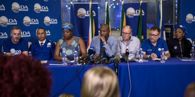 The DA leadership speaks at a press conference at the party's federal congress in Pretoria on April 8, 2018.
