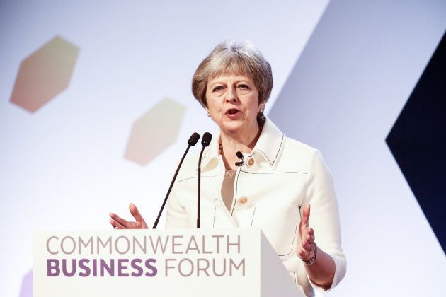 U.K. prime minister Theresa May giving her opening remarks at the Business Forum opening session on 'Delivering a Prosperous Commonwealth For All' during the Commonwealth Heads of Government Meeting in London, U.K. April 16, 2018.