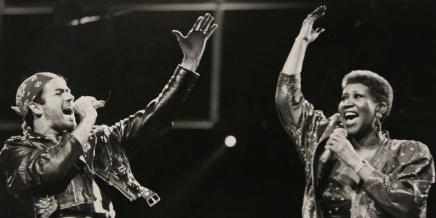 Singing great Aretha Franklin joins George Michael during his Faith World Tour in Auburn Hills, Mich., Aug. 30, 1988.