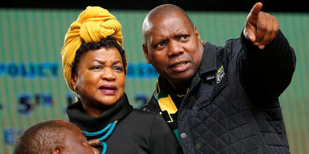 Speaker of Parliament Baleka Mbete (L) looks on as ANC treasurer general Zweli Mkhize gestures during the African National Congress 5th National Policy Conference at the Nasrec Expo Centre in Soweto, South Africa, June 30, 2017.REUTERS/Siphiwe Sibeko