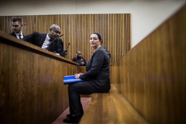 Convicted racist Vicki Momberg is pictured at the Randburg Magistrate Court to appeal the four charges of crimen injuria - defined as 'a wilful injury to someone's dignity caused by the use of obscene or racially offensive language or gestures' and sentence of two years in jail on April 11, 2018. (Photo credit: GULSHAN KHAN/AFP/Getty Images)