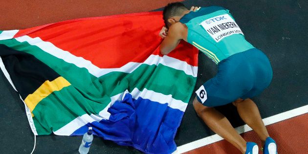 South Africa's Wayde van Niekerk celebrates winning 400m gold at the World Athletics Championships in London, UK, in August 2017.