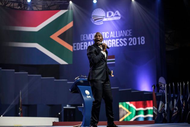 South African opposition party, the Democratic Alliance (DA) leader Mmusi Maimane, addresses the audience during the party congress in Pretoria on April 7, 2018. (Photo credit: GULSHAN KHAN/AFP/Getty Images)